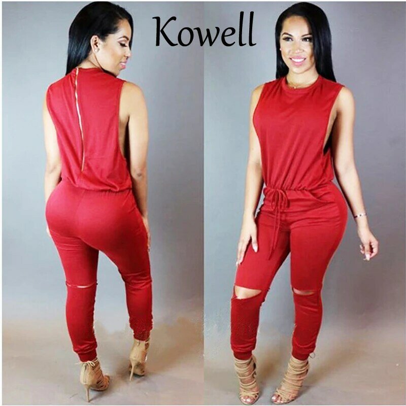 Kowell 2019 새로운 스타일 패션 여름 섹시한 여성 점프 슈트 민소매 drawstring hollowed-out 섹시한 점프 슈트 rompers overalls