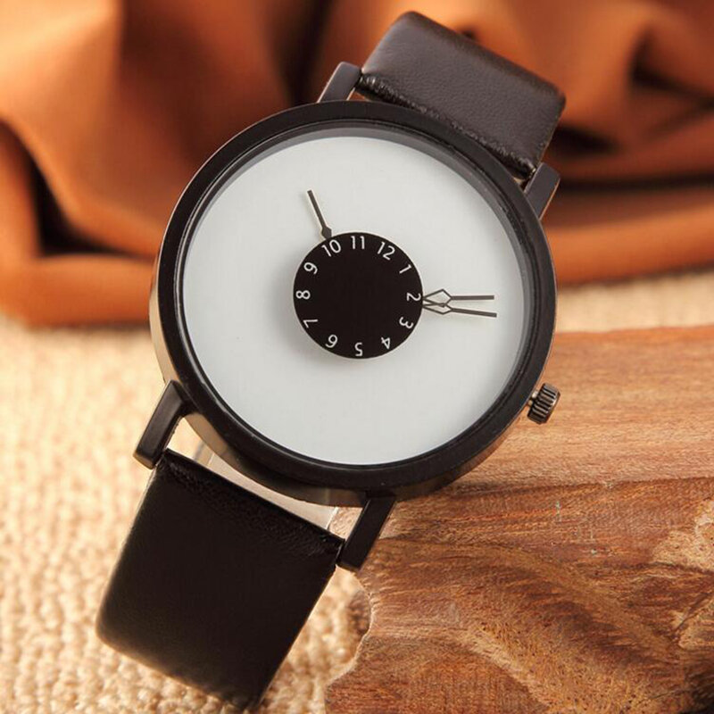 Relógio de pulso com pulseira de couro, relógio de quartzo para homens e mulheres, design simples e único, presente amor
