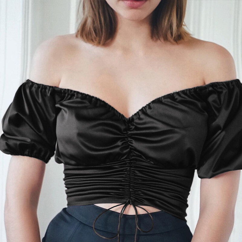 Tops y blusas de manga corta para mujer, Top corto de talla grande elegante, camisas sexys sin tirantes, color negro XL, novedad de 2019