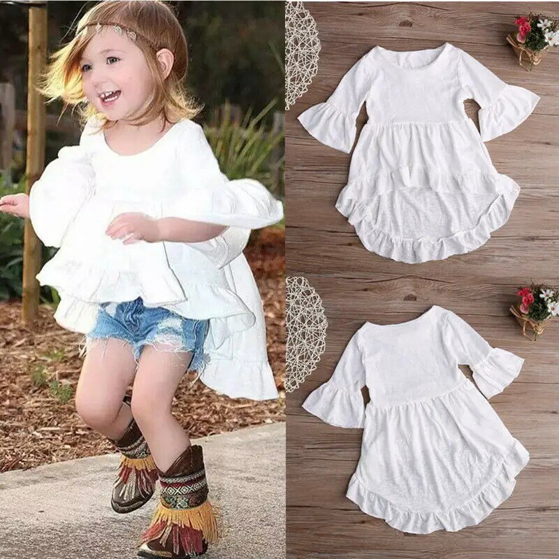 Branco Ruffled algodão roupas vestido Top blusa 1 pcs crianças crianças bebê meninas roupas muito elegante princesa roupas meninas novo