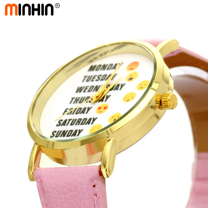 Mulheres Funny Emoji MINHIN Mostrado Graciosa Couro Quartz Relógios de Pulso Lady Dress Acessório Mix Cores Festa Casual Relógios