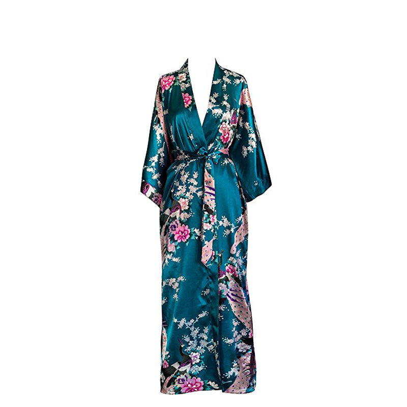 Bata larga china para mujer, Kimono con estampado de flores y pavo real, bata de baño Sexy para novia, dama de honor y boda, talla grande XXXL