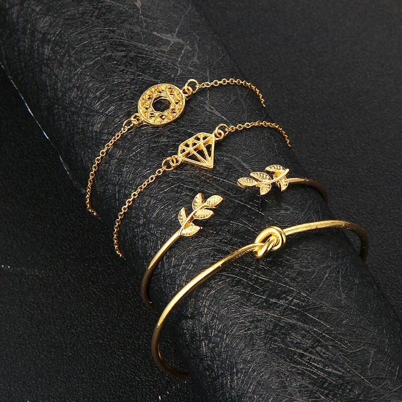 Tocona 4 stks/set Mode Bohemen Leaf Knoop Hand Manchet Link Chain Charm Armband voor Vrouwen Gouden Armbanden Femme Sieraden 6115