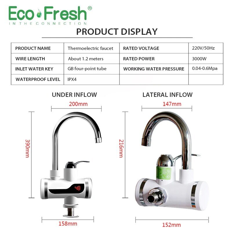 Ecofresh Electric Faucet Instant Water Heater Tap Faucet Heater Cold Heating Faucet Tankless Instantaneous Water Heater