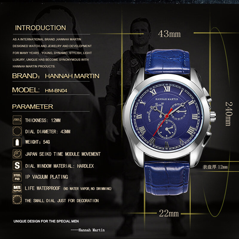 HM Модные кварцевые аналоговые Мужские часы, кожаные водонепроницаемые военные качественные часы с 3 глазами и большим циферблатом, топ-брен...