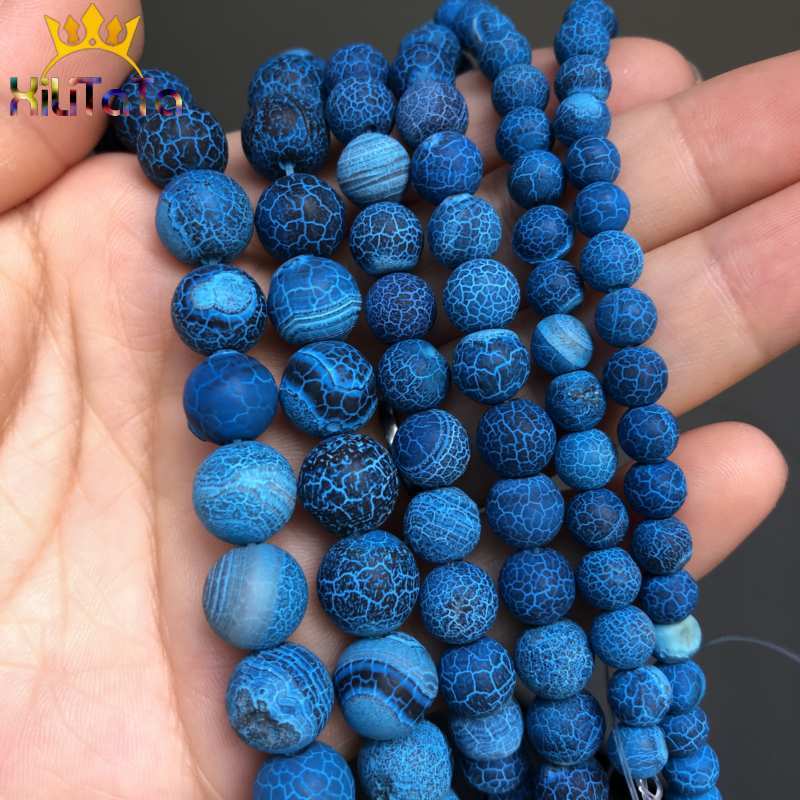 Alam Batu Manik-manik Frost Biru Tua Retak Mimpi Naga Api Pembuluh Darah Agates Beads untuk Perhiasan Membuat Diy Gelang 15'' 6/8/10 Mm