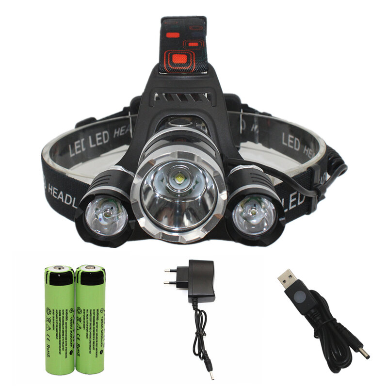 Lampe frontale LED T6 + 2 xpe Rechargeable, éclairage de poche, lanterne pour la pêche et la chasse avec batterie 18650 et chargeur