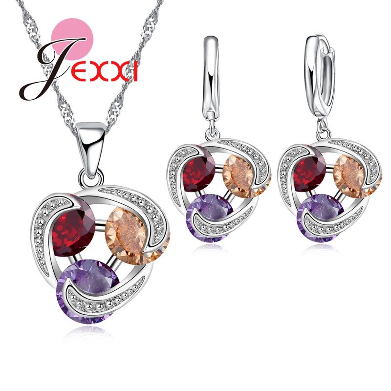 Shiny 925 perak Sterling perhiasan set 3 warna CZ Drop anting kalung liontin perhiasan untuk wanita janji pesta