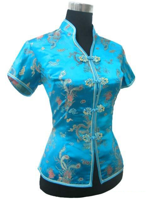 Promotie Blauw Chinese Stijl Vrouwen Zomer Blouse V-hals Shirt Tops Zijde Satijn Tang Pak Top Sml Xl Xxl xxxl JY0044-4