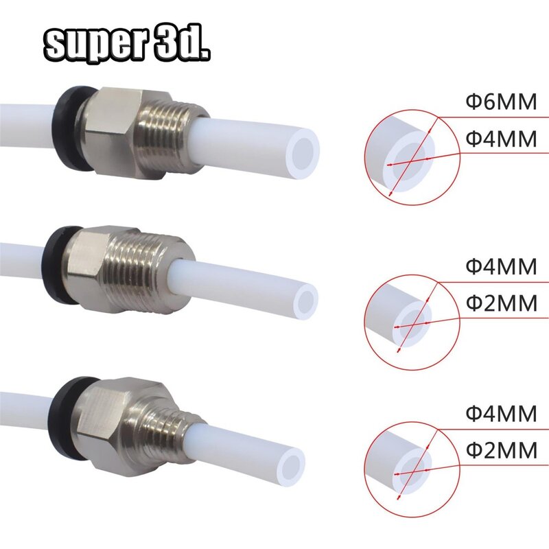 Conectores pneumáticos para impressoras 3D, Bowden Quick Jointer, acoplador, tubulação, Pc4, M6, M10 encaixes, tubo de PTFE, 2mm, 1.75mm, 3mm, 2pcs