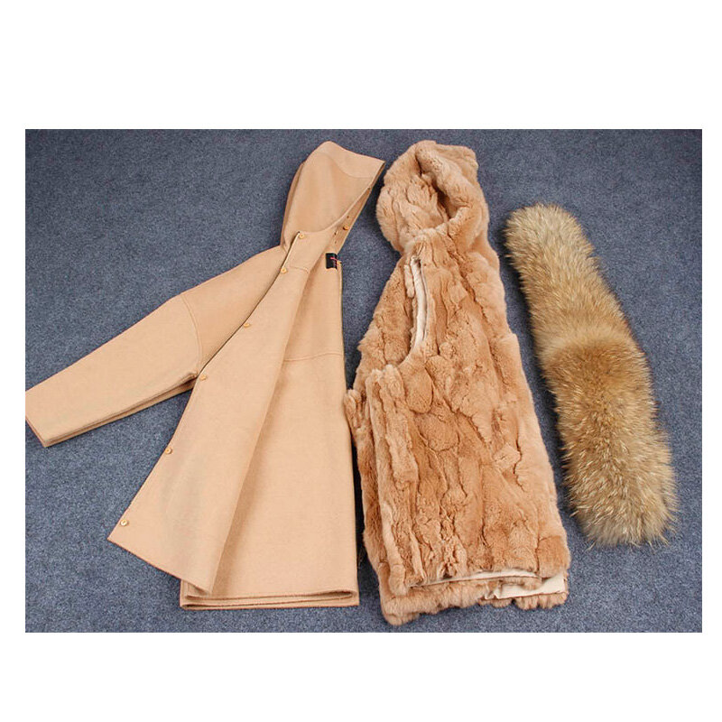 MAOMAOKONG-abrigo de Cachemira de lana pura de dos caras para mujer, chaqueta con cuello de piel Real con capucha, parkas de lana con forro de piel de conejo Rex