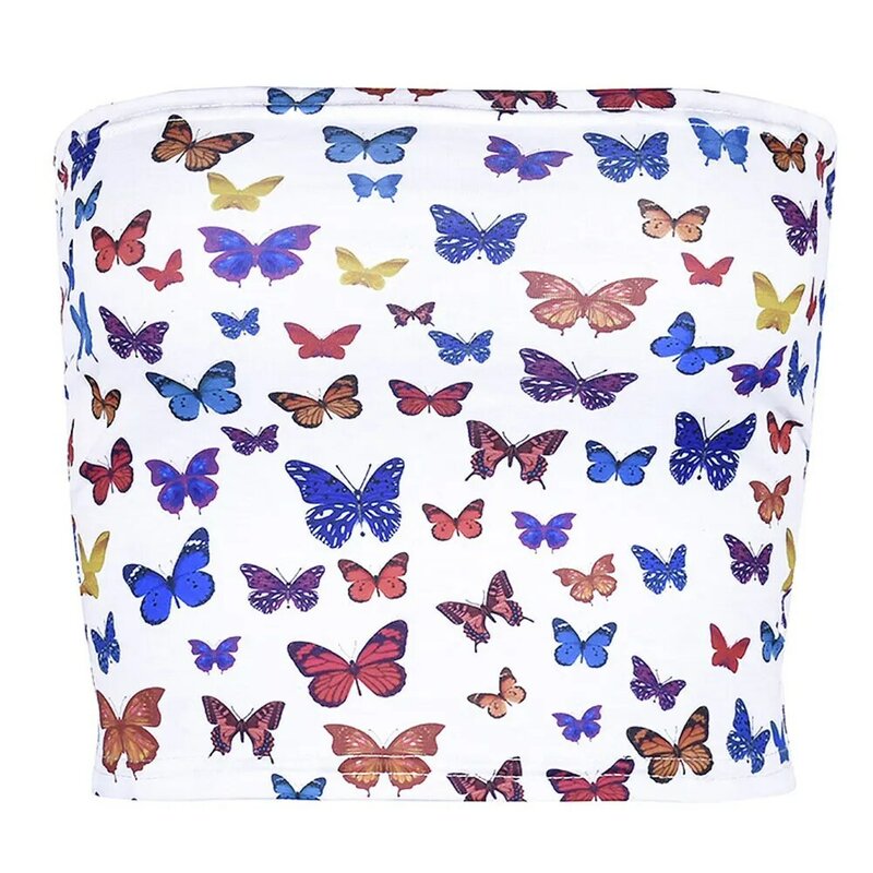 Woman Wrapped Soft Tube Top Slim Sexy Print Butterfly Fashion Summer Polyester Elastic Tops