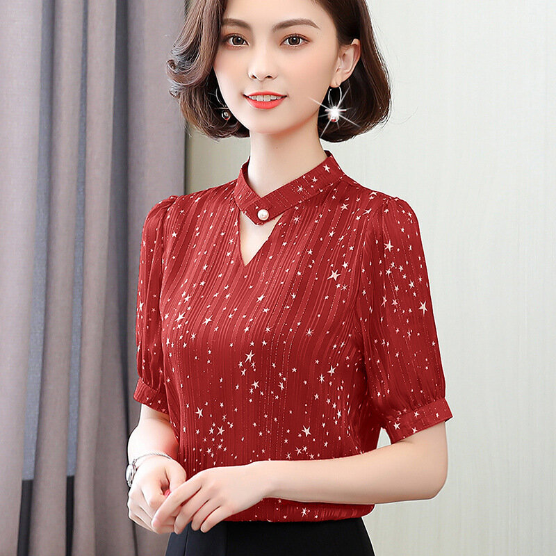 Garis Vertikal Wanita Kemeja Lengan Pendek Musim Panas Baru Longgar Blus Korea V Sifon Kerah Kantor Wanita Kasual Top Pakaian h9027