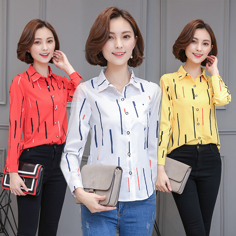 Nowy 2019 wiosna lato kobiety bluzki moda koszulka w paski z nadrukiem szyfonowa panie urząd pracy nosić koszule Blusas topy 1392