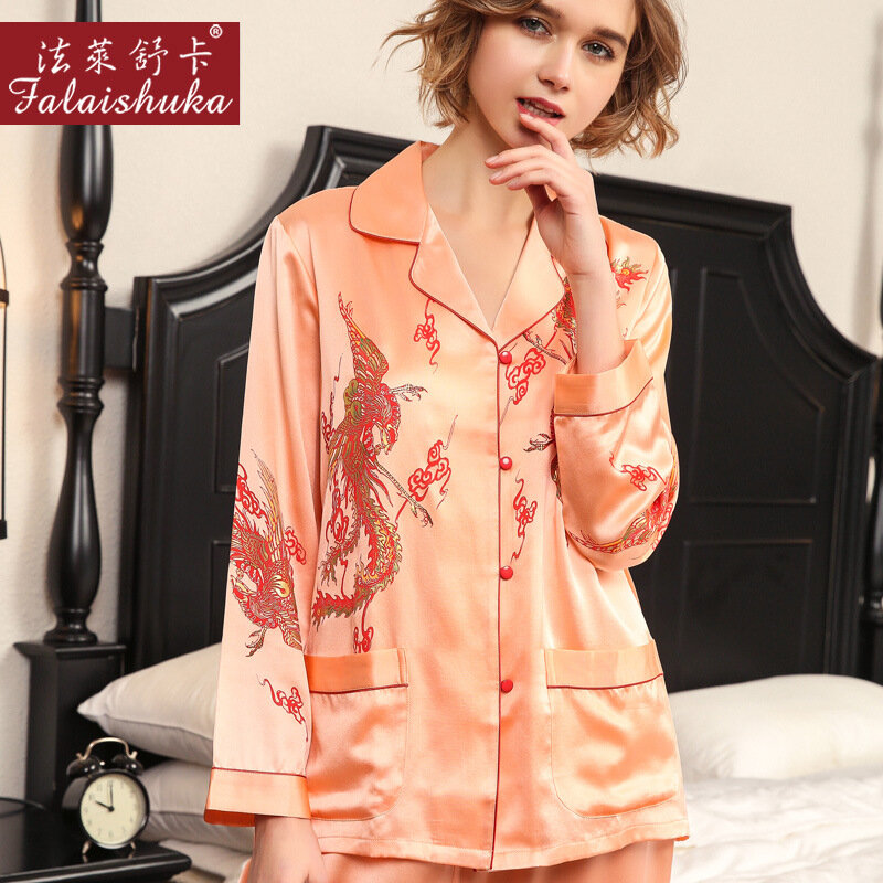 Pijama de seda Real para mujer, conjunto de dos piezas de manga larga con estampado de gusano de seda, alta calidad, T8196QL