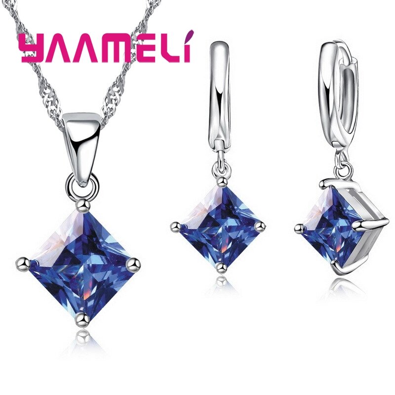 Neue Mode Frauen Anhänger Halskette einfache Geometrie quadratische Ohrringe Kristall Sterling Silber Schmuck Sets für die Hochzeit