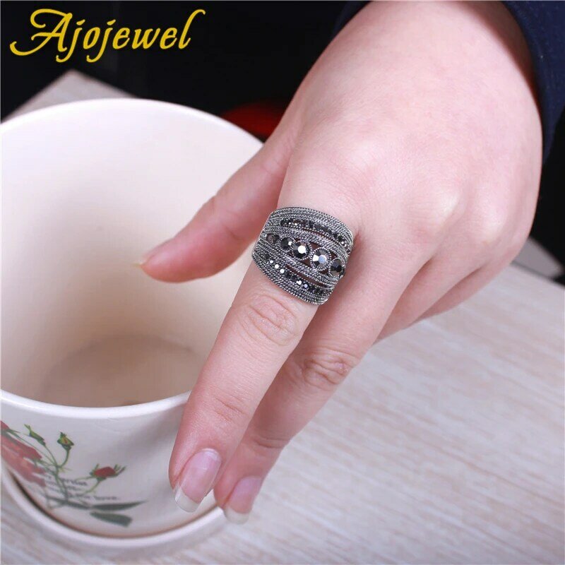 Preto cz geométrico vintage retro anel de dedo para as mulheres, amplo design, jóias festa, melhor venda, moda, alta qualidade, tamanho 6-10