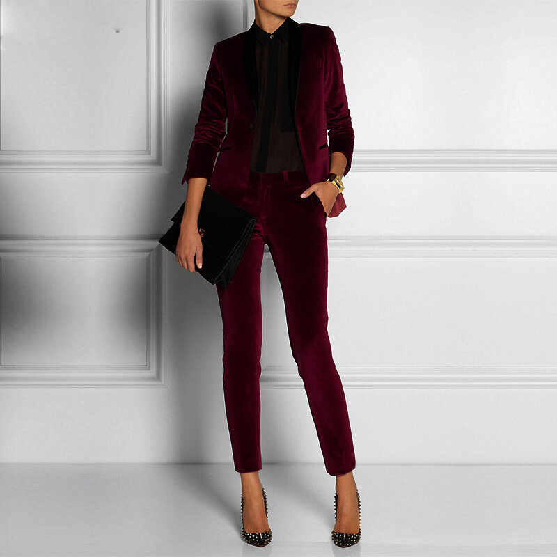 Темно-красный бархат Для женщин Бизнес офисные смокинги по индивидуальному заказу костюмы Для женщин Slim Fit для мужчин формальные брюки для ...