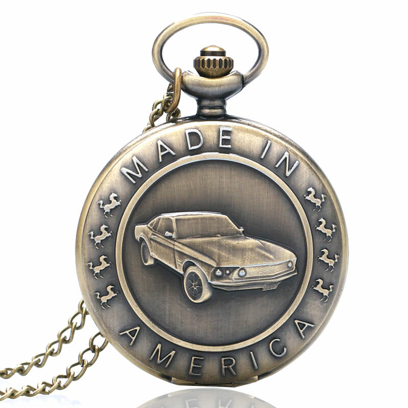 Retro Bronze Mustang Muster Auto Quarz Taschenuhr Halskette Kette Männer Frauen Anhänger FOB Uhren Anhänger Kette Vintage Geschenke