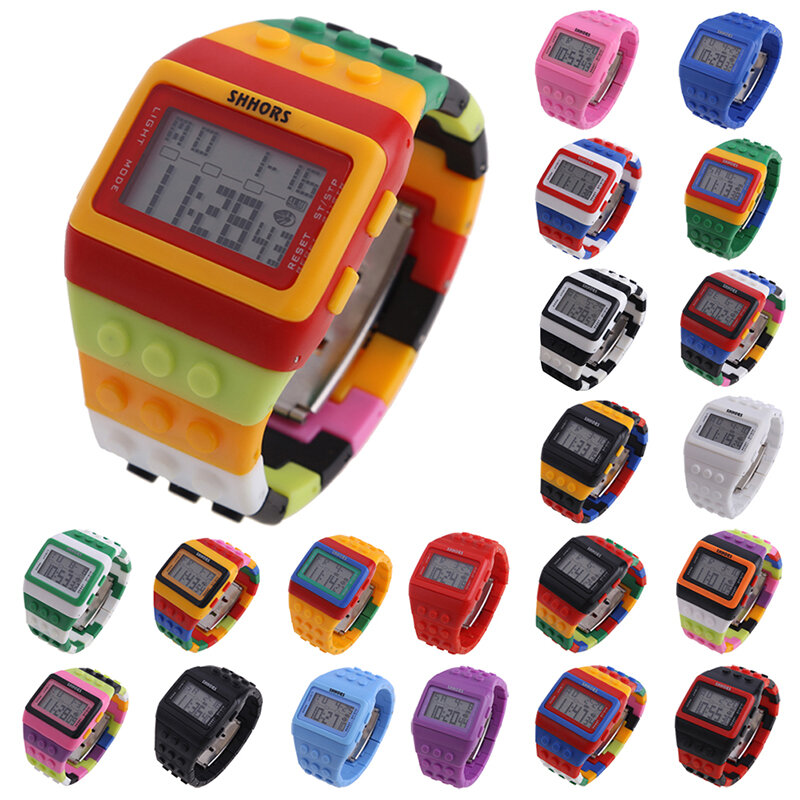 Популярные детские часы, цифровые светодиодные шикарные разноцветные Конструкторы унисекс, спортивные часы, мужские наручные женские часы, детские подарки