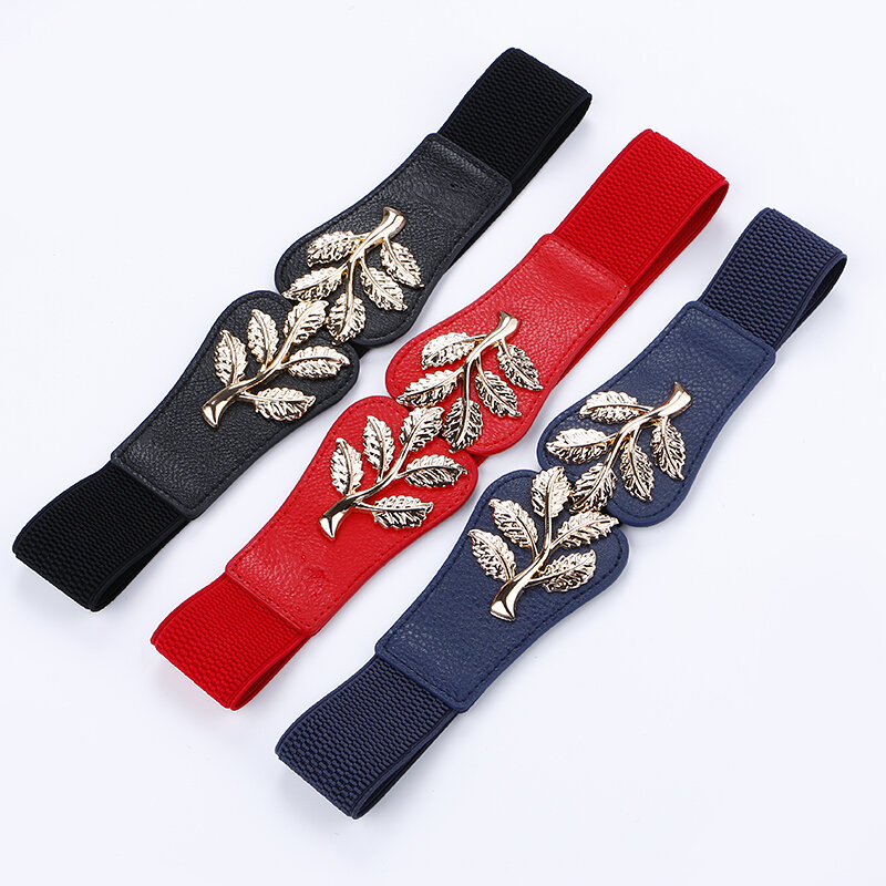 Free Shipping New Fashion Elastic Metal Leaf Buckle Belts For Women Dress Accessories Leaves Waistband HOT Cummerbund Adult Belt