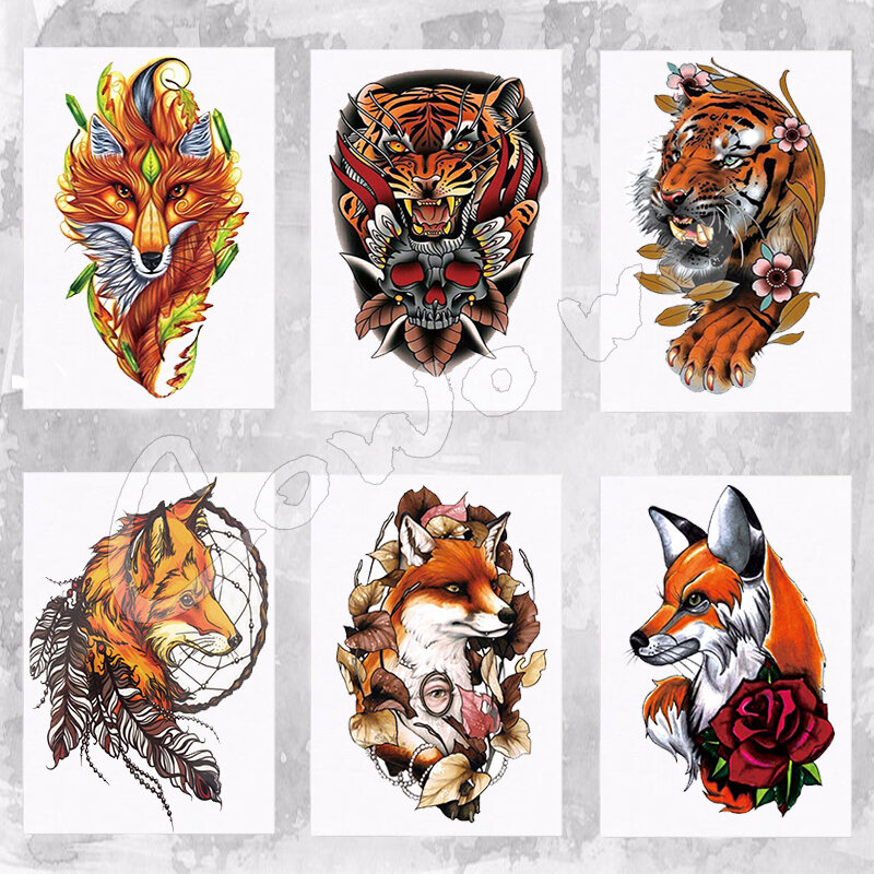 Autocollants de tatouage temporaire, étiquette de beauté, renard et plume jaunes, imperméables et chauds, toutes sortes d'animaux