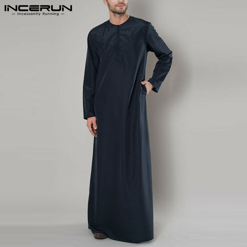 Incerun-kaftan de manga comprida para homens, abaya com zíper, jubba, arábia saudita, dubai, jubba, thobe, roupas islâmicas, 2023
