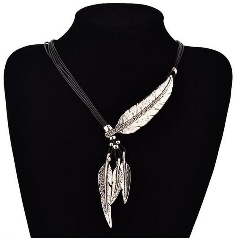 Женское Ожерелье с перьями, винтажное ожерелье из веревочной кожи, массивное украшение, бижутерия
