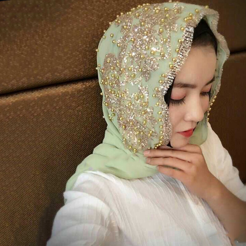 Хиджаб, мусульманский, исламский шарф, шарфы для женщин, длинный подшлемник, однотонный, с бусинами, тюрбан