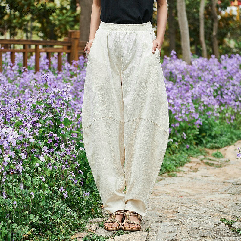 Pantalones Vintage de pierna ancha para mujer, pantalón holgado de lino y algodón, con cintura elástica, color sólido, Q802, 2019