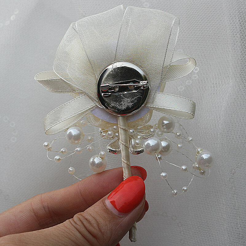 Em estoque venda quente 1 pçs/lote casamento marfim corsages boutonniere noivo diamante cristal flores de casamento pérola frisado broche flores