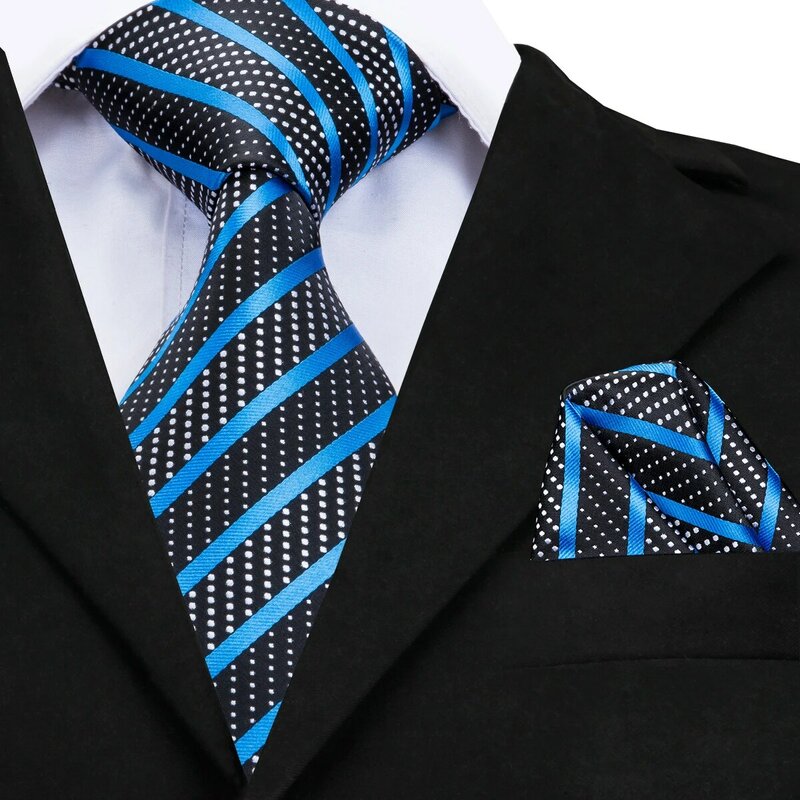 Luksusowy krawat jedwabny 2018 marka Desiger modne niebieskie paski krawaty dla mężczyzn biznes formalne krawat Handky bez spinki do mankietów CZ-007