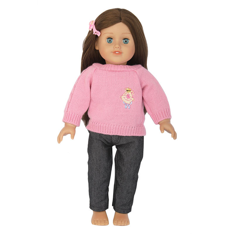 Nova Moda Roupa Da Boneca Americana Conjunto Camisola Rosa Calça Jeans Roupas Terno Apto Para 43 centímetros Bonecas E 18-Polegada acessórios Da Boneca de Brinquedo do bebê