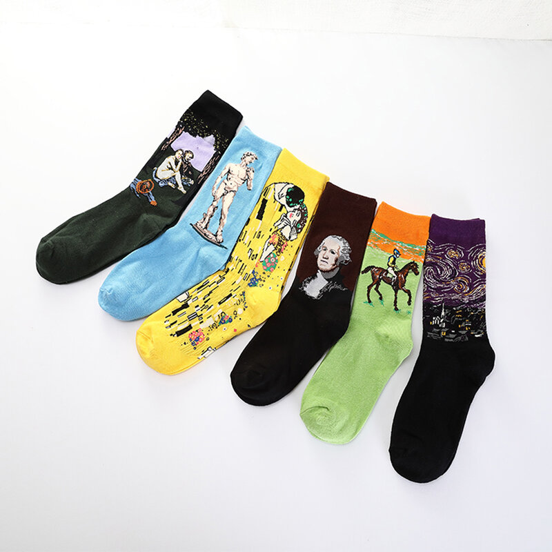 Звездные носки, 3D винтажные хлопковые носки с масляной росписью Mona Lisa Van Gogh, креативная картина, готические уличные мужские и женские носки д...