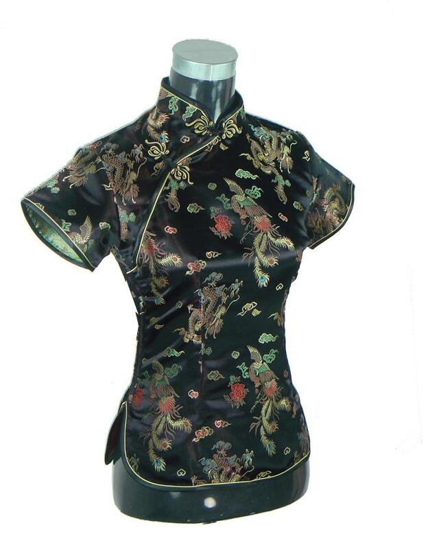 Camisa de manga corta para mujer, blusa tradicional china de seda satinada, ropa de dragón novedosa S, M, L, XL, XXL, WS005