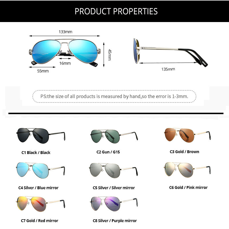 COASION Classic Retro Pilot Polarized Sunglasses Women for Small Face Men Juniors Kids Sun Glasses UV400 Protection 55mm CA1053