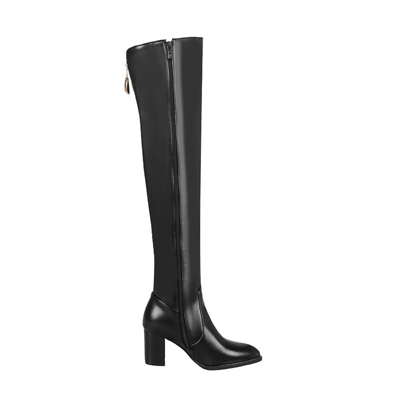 Botas altas para coxa com rebite de couro feminino, acima do joelho, sapatos confortáveis, salto grosso, plus size, 33-48, na moda, inverno
