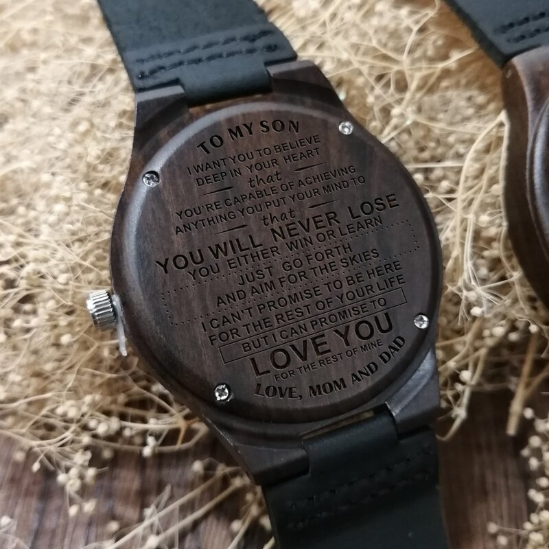 W1800-3 Zu Meinem Sohn-Mode Automatische Quarz Sandelholz Männer Uhr Engravd Holz Uhr Luxus Armbanduhr Geburtstag Graduierung Geschenke