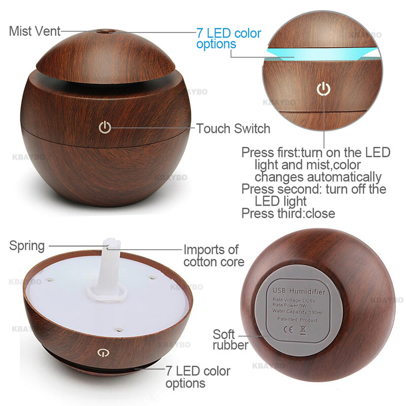 Lampe de purificateur d'air USB avec arôme, lumière de nuit 7 LED qui change de couleur, diffuseur essentiel, humidificateur à brume fraîche, pour le bureau à la maison