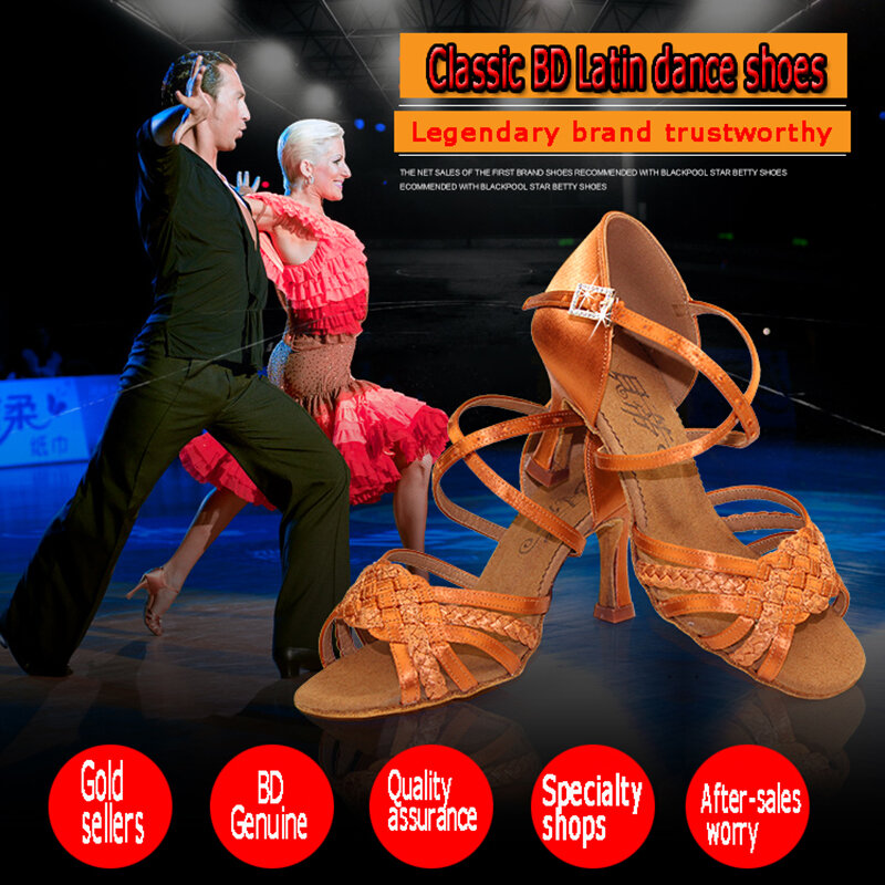 Sapatos de dança latina femininos para adulto, sapatos macios com sola, salto quadrado para dança de salão, bd, sapatos latinos genuínos 2365 importados, diamante de cetim