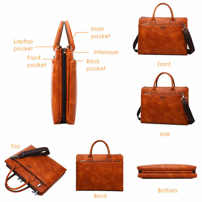 JEEP BULUO-maletines de alta calidad para hombre, de 14 pulgadas bolso de hombro para ordenador portátil, de viaje de negocios, de cuero, para oficina