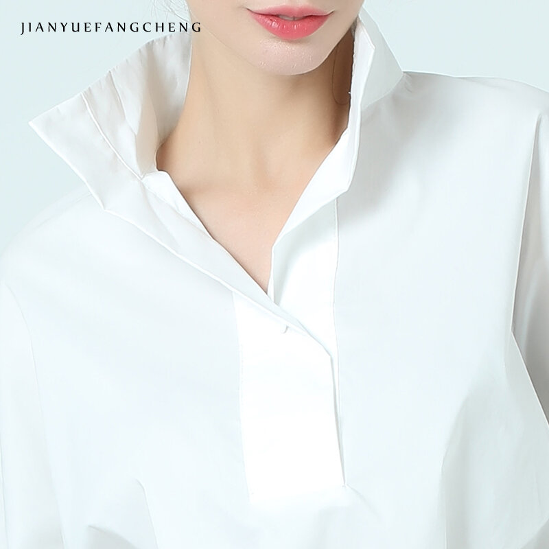 Women Cotton White Blouse POLO Shirt Stand Collar Nine Quarter Sleeve Plus Size Elegant Office Ladies Formal Dress Working Tops