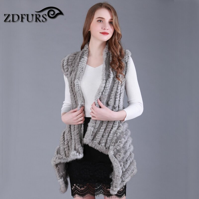 ZDFURS-Chaleco de punto de piel de conejo para mujer, suéter con cinturón, venta al por mayor, envío directo