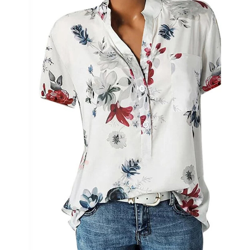 قميص نسائي أنيق طباعة كبيرة الحجم قميص غير رسمي موضة الخامس الرقبة قصيرة الأكمام قميص بلوزة