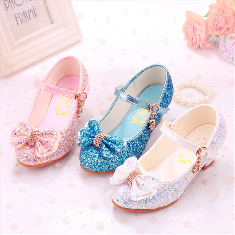 Princess Kids Leather Shoes For Girls Flower Casual Glitter Children 2.5cm High Heels Girls Shoes Butterfly Knot White Pink Blue