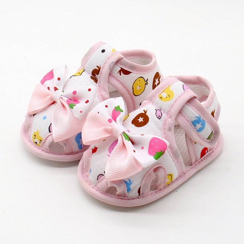 Sandálias de laço estampadas para bebês, sapatos respiráveis de princesa com laço fofo de verão para meninas recém-nascidas de 0-18m