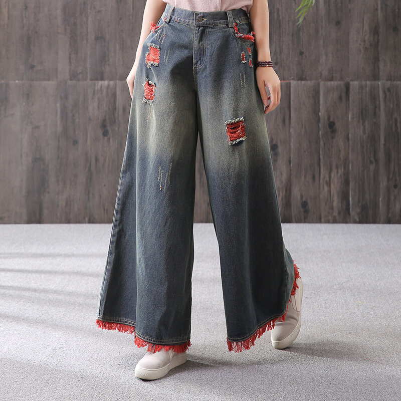 Бесплатная доставка 2021 Мода широкие, длиной до щиколотки брюки женские брюки джинсы эластичный пояс повседневные полосатые лоскутные брюки
