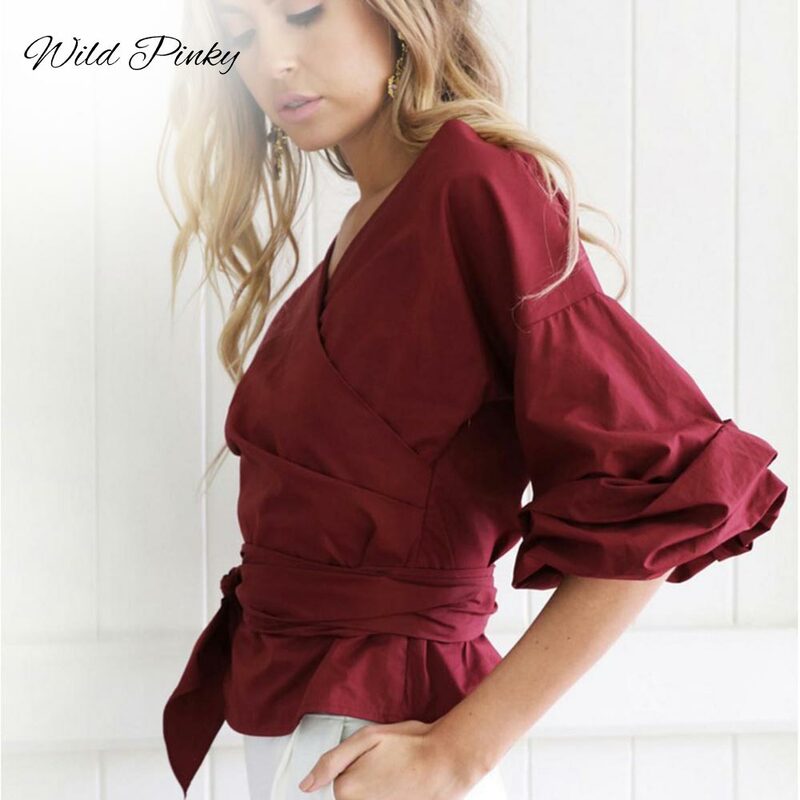 WildPinky Ruched Sleeve Wrap White Blouse Shirt Women Casual Blouse Off Shoulder Plaid Shirt Top V neck Female Bow Sashes Blusas