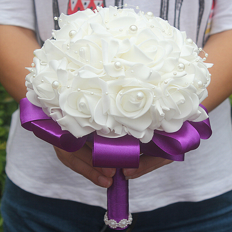 Недорогой Свадебный пенопластовый цветочный букет из роз, невесты, подружки невесты, поддельный Свадебный букет из ленты по индивидуальному заказу