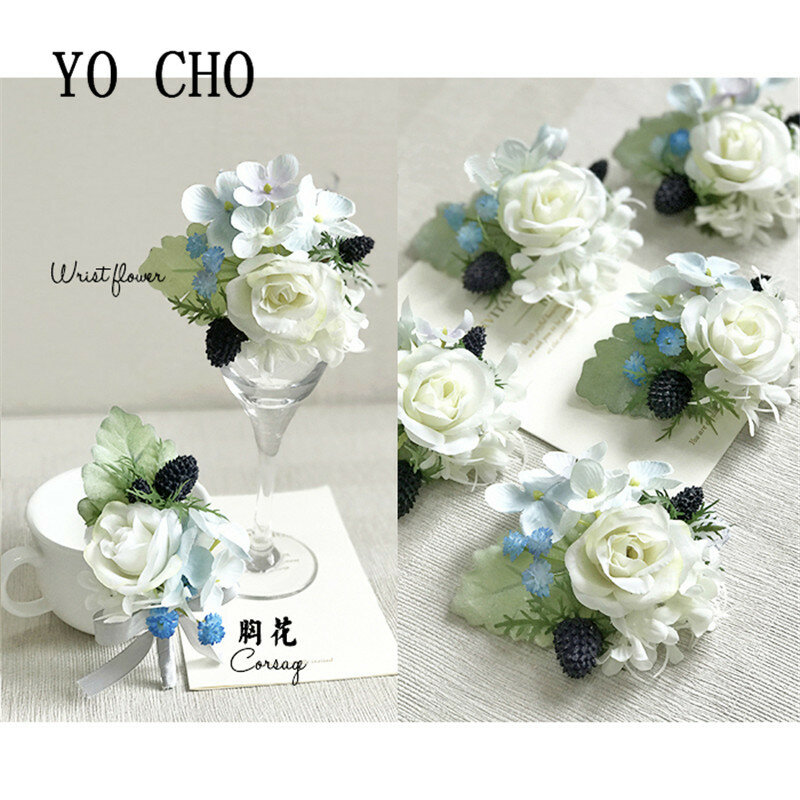 YO CHO Wedding Accessories Boutonnieres Men Ribbon White Roses Blue Orchid Marriage Corsages Boutonnieres Groom Wedding Supplies